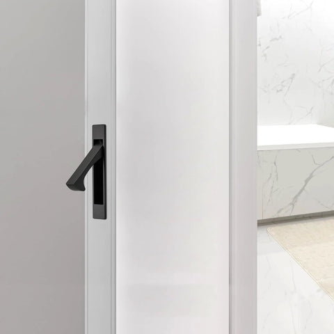 Matte Black Flush Mount Pocket Door Pull Handle with Edge Pull for Sliding Doors Self Retracting Mechanism Installed View