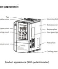 Diagram of 2HP 110V Input VFD to 220V Output Motor Drive For Single Phase To Three Phase Motors with labeled parts and potentiometer.