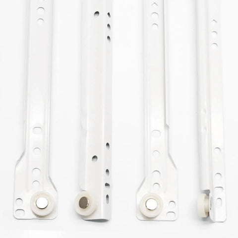 Get Rid Of Sticky Drawers With These Rock Solid 12 Inch Drawer Slides One Pair Smooth Extension Glides White Coated Cold Rolled Steel Heavy Duty Cabinet Runners With Screws, showing four white drawer slides with nylon bearings.