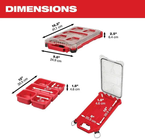 Dimensions of Compact Low Profile Packout Compatible Five Compartment Tool Organizer With Five Removable Bins And IP65 Weather Seal