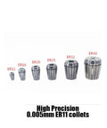 Precision Spring Collet ER11 With Ultra Low Runout 0.005mm showing various sizes for CNC machining tasks.