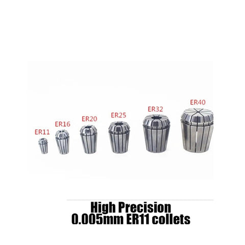 Precision Spring Collet ER11 With Ultra Low Runout 0.005mm showing various sizes for CNC machining tasks.
