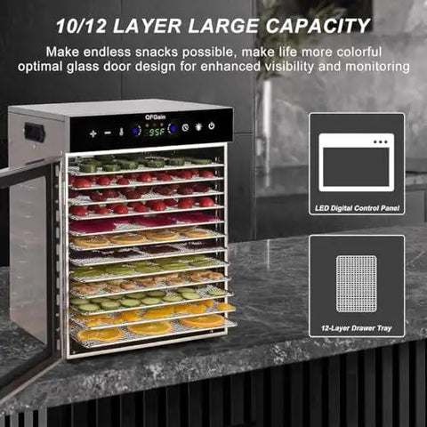 Heavy Duty No Nonsense 10 Layer Food Dehydrator And Compact Freeze Dryer With Adjustable Heat And Timed Cycling For Jerky Fruits Vegetables Meat Stainless Steel Kitchen Workhorse with visible digital control panel.