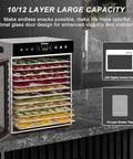 Top Shelf Heavy Duty Electric Food Dehydrator Rock Solid Stainless Steel Build with 12-layer capacity and glass door.