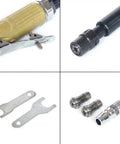 Pneumatic Die Grinder With Extended Shaft For Crevice Work Built Tough Aluminum Body showing collet, air fitting, and accessories.