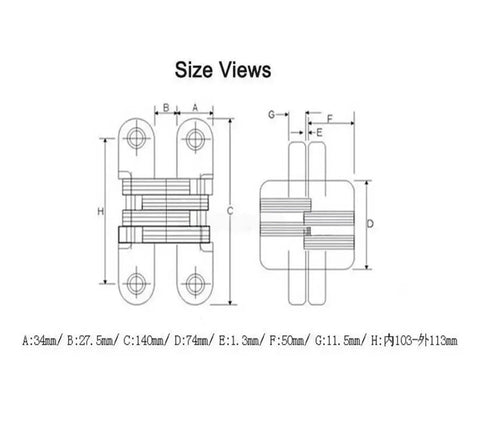 Super Heavy Duty Stainless Steel Hidden Cross Door Hinges Rock Solid Invisible Concealed Folding Hardware size dimensions diagram