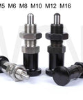 Dead Nuts Heavy Duty Indexing Plungers With Smooth Aluminum Knobs And Spring Loaded Lock Pins Featuring Fine Threaded Screws and M5 M8 M10 M16 sizes displayed.