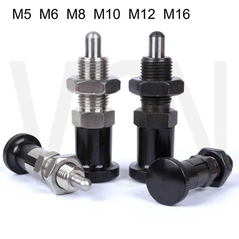 Dead Nuts Heavy Duty Indexing Plungers With Smooth Aluminum Knobs And Spring Loaded Lock Pins Featuring Fine Threaded Screws and M5 M8 M10 M16 sizes displayed.