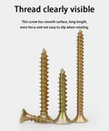 M4 Flat Head Wood Screws Set 340 Pcs Philips Drive Countersunk Self Tapping Screws Yellow Zinc Plated Finish, screws close-up
