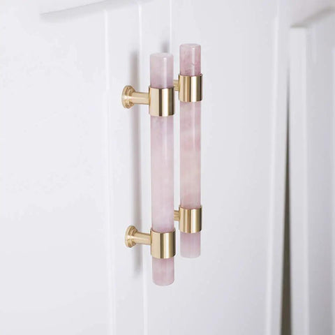 Clear Crystal Marble T Bar Cabinet Handles With Solid Brass Base Drawer Pull Knobs For Kitchen Bathroom Dresser And Closet Euro Style Furniture Hardware Upgrades Featuring A Slick Finish on white cabinet.