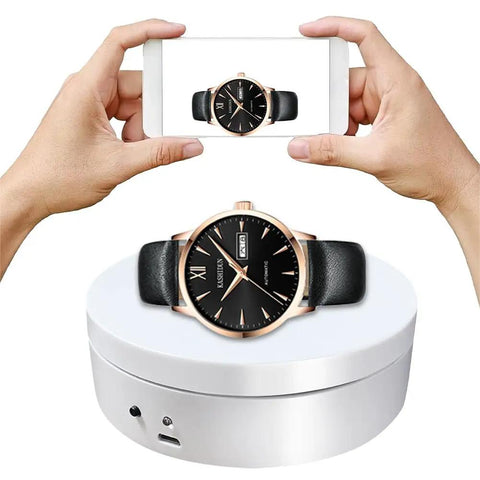 Herxsin Electric Rotating Display Stand 360 Degree Motorized Turntable With Usb Power Cable Showcase For Jewelry Watch Models And Photography Products Smooth Spin White Finish, showcasing a watch being photographed.