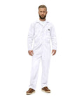 Heavy Duty Mens Long Sleeve Zip Up Coverall Built From Premium Poly Cotton Twill To Crush The Daily Grind Stain Resistant Wrinkle Proof Cool Comfort White Medium, worn by a man standing.