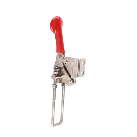 Heavy Duty Quick Release Toggle Clamp with stainless steel build, red plastic anti slip handle, side view