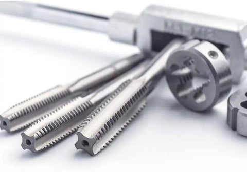 7 Piece Metric Tap Set HSS Tapping Tools M3 M4 M5 M6 M8 M10 M12 For Metalworking Pro Grade Hand Tap Kit with steel taps visible