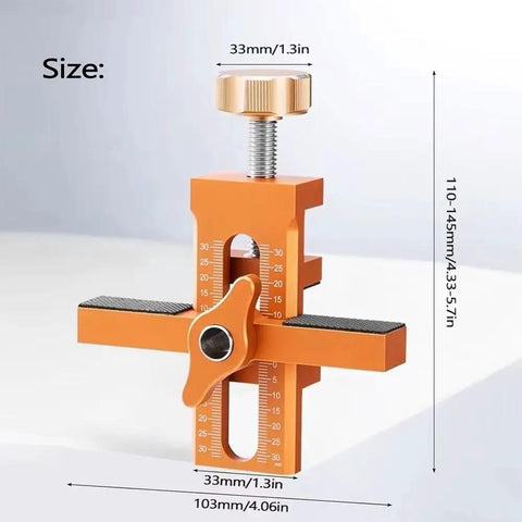 Adjustable Wardrobe Cabinet Door Panel Installer Jig with measurements, aluminum alloy, orange finish, includes 10mm twist drill.