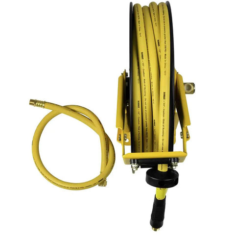 Double Arm Hose Reel With Half Inch By Fifty Foot Premium Rubber Air Hose and durable steel frame, wall-mounted version.