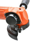 Close-up of Heavy Workhorse 4 Inch Pneumatic Angle Grinder Pumping Out Serious High Torque Air Power Tool with black switch and cutting disc.