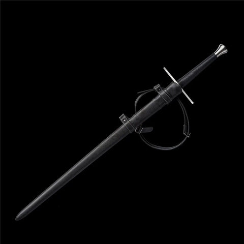 Beefy Hand Forged Spring Steel Medieval Longsword 46 Inch Full Tang with black brown scabbard Tempered 50 To 55 HRC shown in sheath