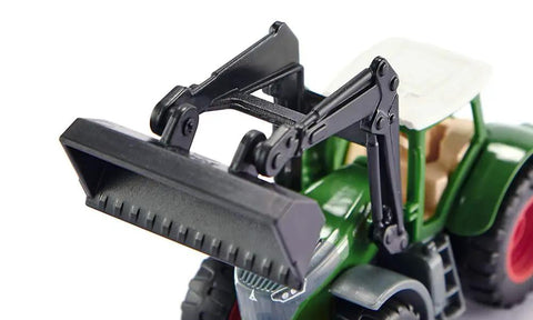 Close-up of Fendt 1050 Vario Tractor With Front Loader Toy's movable front loader and rubber tires, showcasing durability and detail.