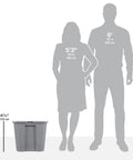 Built Tough Eighteen Gallon Storage Bin With Secure Snap Lid Heavy Duty Stackable Tote For Clutter Control next to human silhouettes for size reference.