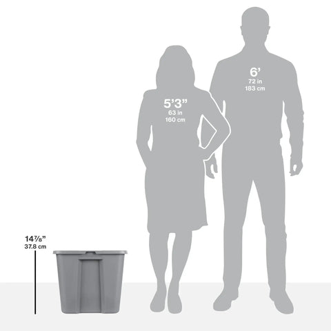 Built Tough Eighteen Gallon Storage Bin With Secure Snap Lid Heavy Duty Stackable Tote For Clutter Control next to human silhouettes for size reference.