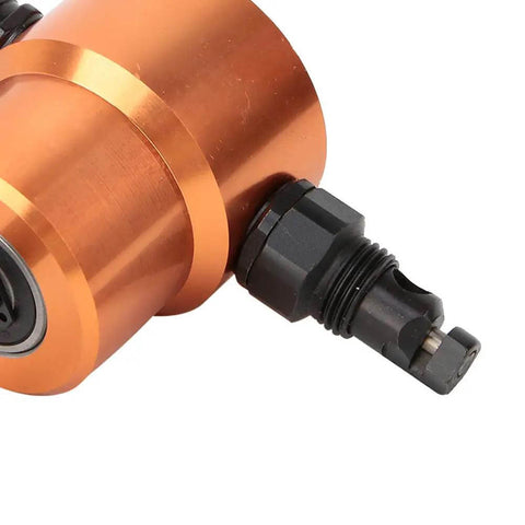 Close-up of Pro Grade 360 Degree Double Head Sheet Metal Nibbler Drill Attachment, copper-colored head for straight and curved cuts