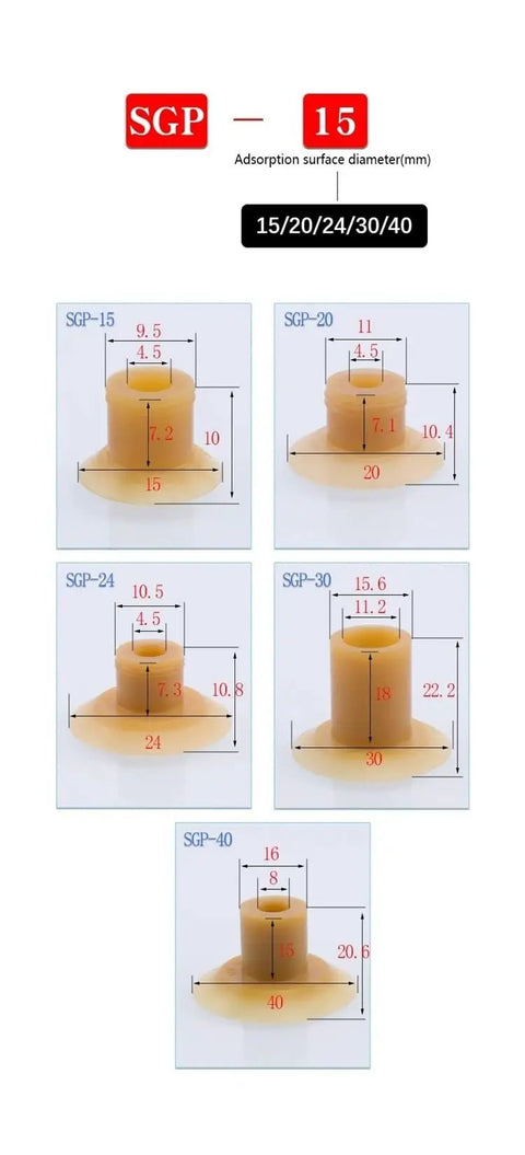 Silicone Vacuum Suction Cup Set 5 Pack For Manipulator Pneumatic Systems showing size dimensions 15mm, 20mm, 24mm, 30mm, 40mm.