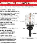 Milwaukee 3-5/8 in ice-hardened bi-metal hole saw installation diagram with arbor and pilot bit.