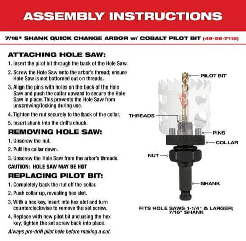 Milwaukee 3-5/8 in ice-hardened bi-metal hole saw installation diagram with arbor and pilot bit.