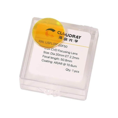 Cloudray CO2 laser lens, 20mm diameter AR-coated focal lens in clear plastic case.