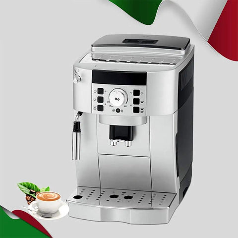 The Real Deal One Touch Fully Automatic Bean To Cup Coffee Maker Machine Featuring Adjustable Spout Height And Easy Rinse Filter For Smooth Daily Espresso Creations At Home Or Office, silver color with coffee cup.