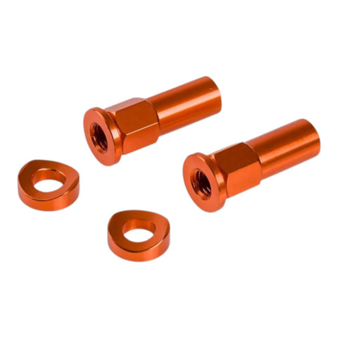 Angled view of two orange anodized rim-lock bolts with washers for KTM motorcycles.