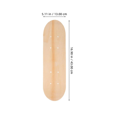Blank Unfinished 7 Ply Wooden Skateboard Deck With Double Tail For Art Painting And Do It Yourself DIY Custom Builds Replacement Deck For Home Decor And Creative Projects, size 43x13cm, top view.