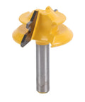 Lock Miter Router Bit For 45 Degree Wood Joinery Cut With Sturdy Alloy Build features a yellow top and steel shank for precision cuts.