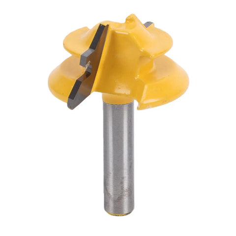 Lock Miter Router Bit For 45 Degree Wood Joinery Cut With Sturdy Alloy Build features a yellow top and steel shank for precision cuts.