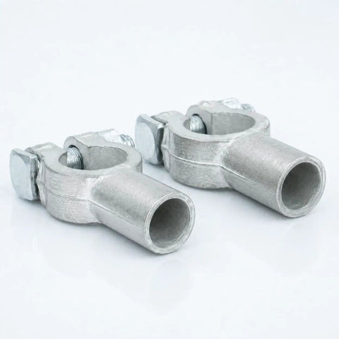 Heavy Duty Battery Terminal Connectors For 2/0 Gauge Wire Positive Negative Top Post Cable Clamps with silver brass finish.