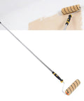 Heavy Duty Paint Roller Kit With Long Extension Pole And Six Stainless Rods Two Nine Inch Replacement Covers For Zero Sweat Wall And Ceiling Painting, painting tool in use on wall.