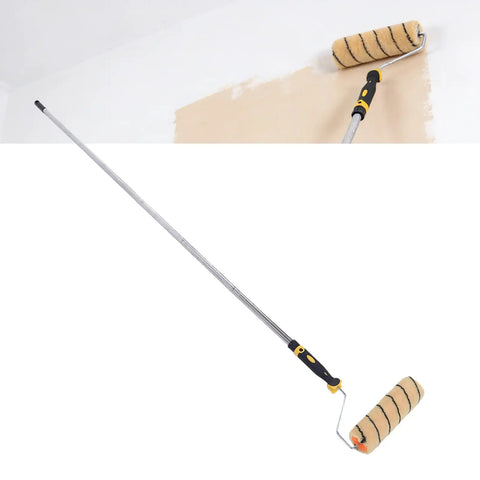 Heavy Duty Paint Roller Kit With Long Extension Pole And Six Stainless Rods Two Nine Inch Replacement Covers For Zero Sweat Wall And Ceiling Painting, painting tool in use on wall.