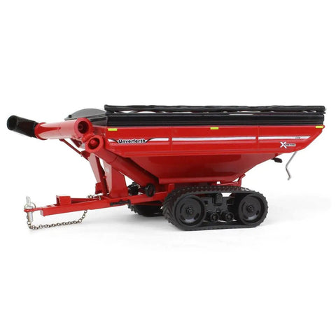 Red Unverferth X Treme Grain Cart With Tracks One Sixty Four Scale Diecast Model side view with folding auger and rubber tracks.