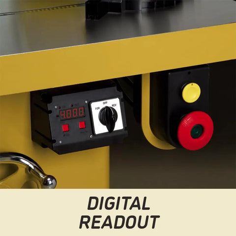 Digital readout with display and controls on Heavy Duty 5 HP Spindle Shaper With Cast Iron Base And Digital Readout For Zero Error Cutting.