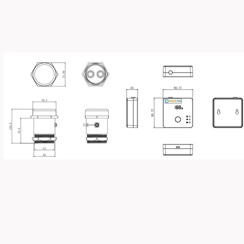 WiFi Water Level Sensor With Local Gateway And Remote App Access, Dual Mode Monitoring For Home Or On The Go, Ultra Low Power Battery Lasts Up To Six Months, Easy Setup, Real Time Alerts In App, ULS-03GP technical drawing with dimensions