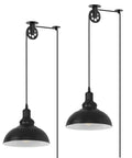 Industrial Plug In Pendant Light With 19.5 Foot Cord And On Off Switch Retro Barn Bronze Dome Ceiling Fixture For Farmhouse Kitchen Island Living Room 2 Pack Cool Dining Room Vibe Ready, showing two black dome pendants with pulley system.
