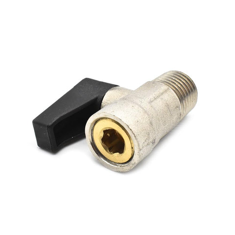 VP40 One Quarter Inch MPT Mini Drain Valve For Air Compressors, Brass Body, Zinc Plated, Plastic Handle, Compact Design, Side View
