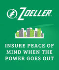Zoeller logo with text on green background promoting peace of mind during power outages for the sump pump system.