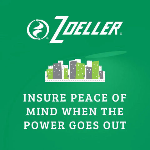 Zoeller logo with text on green background promoting peace of mind during power outages for the sump pump system.