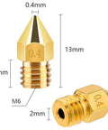 5 Pack 0.4mm Brass Hotend Nozzles For Ender 3 Series And CR 10 Series Easy Install, showing nozzle dimensions and M6 thread