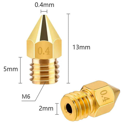 5 Pack 0.4mm Brass Hotend Nozzles For Ender 3 Series And CR 10 Series Easy Install, showing nozzle dimensions and M6 thread