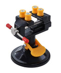 Universal Mini Suction Vise Clamp With 360 Degree Rotation, aluminum body, yellow knobs, red handles, suction base visible