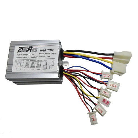 Kickstart Your Custom Build With This Hella Smooth 36 Volt 500 Watt Brushed Motor Speed Controller Set Featuring A Responsive Foot Pedal And Secure Ignition Key Switch For Go Kart Atv E Bikes And Drift Trikes, aluminum controller with wires.