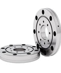 Beefy Cross Roller Bearing Built Tough For Robotics Machine Tools And Industrial Turntable Rotations High Precision Workhorse RU228 G XUUCC0P5 Replacement Units shown from the side with visible holes.
